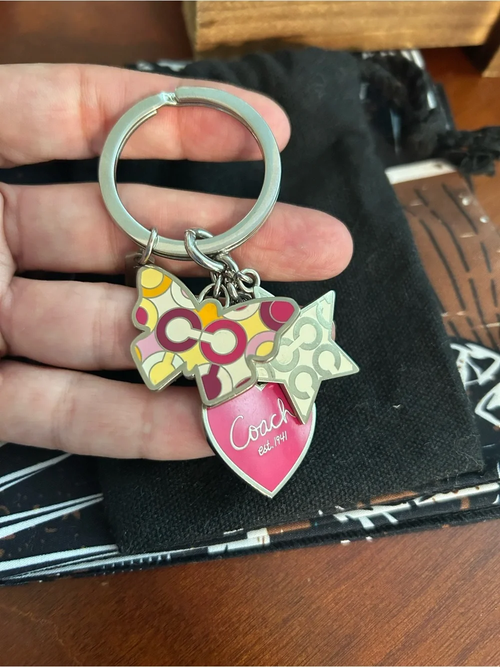 Coach Pink, Yellow & Beige Heart and Star Charm Keyring New never used